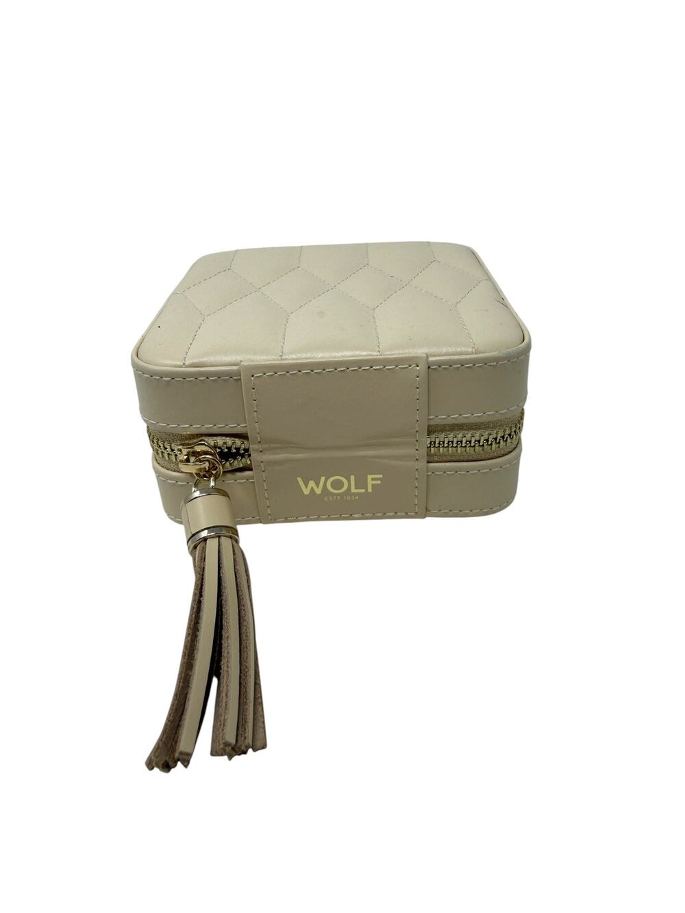 WOLF Caroline Zip Travel Jewelry Case Ivory Leather Quilted LusterLoc Mirror